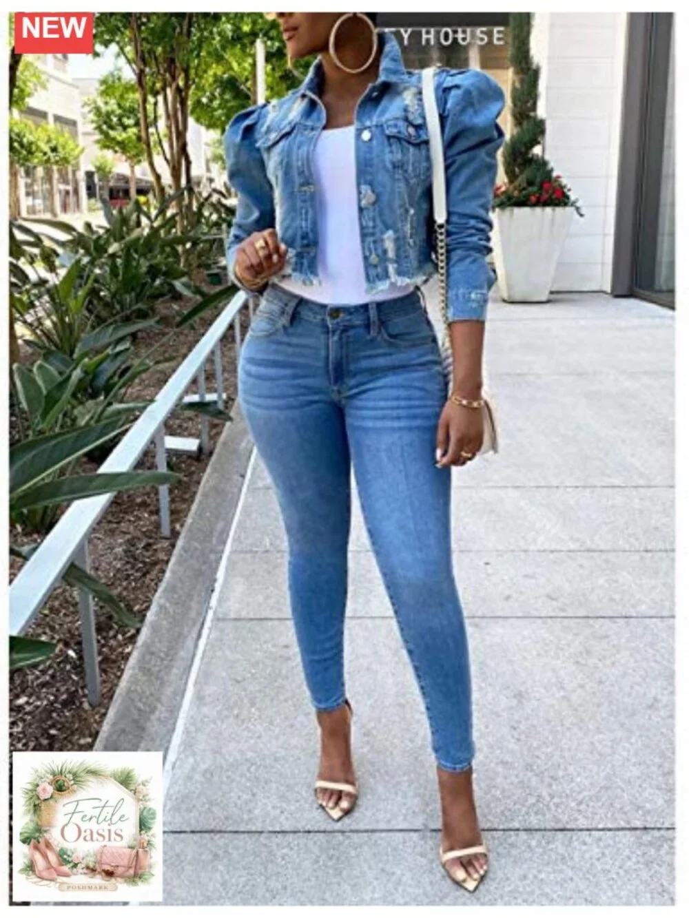 Women's Cotton Denim Jacket Cropped Puff Sleeve Long-Sleeve Frayed Hem